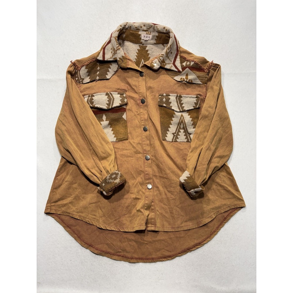 POL Jacket Womens S Brown Snap Front Aztec Geometric Western Shacket FWT361